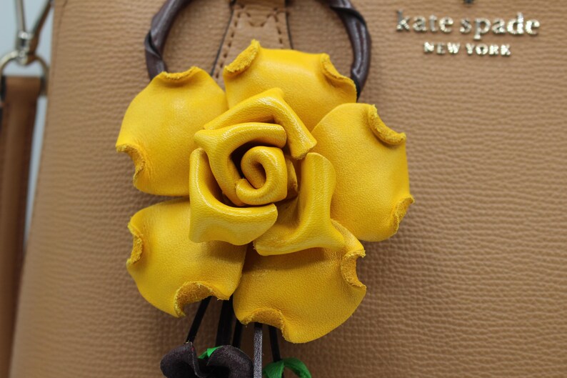 Genuine Handmade Leather Rose Flower Key Chain handbag charm yellow purse charm