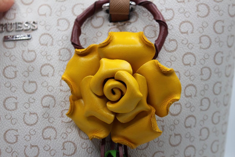 Genuine Handmade Leather Rose Flower Key Chain handbag charm yellow purse charm