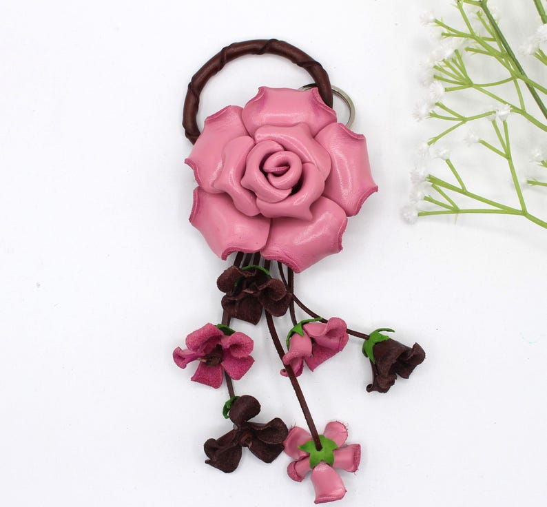Leather ROSE keychain and purse/ handbag charm /Leather ROSE Flower Keychain bag charm light pink purse charm(Genuine Handmade)