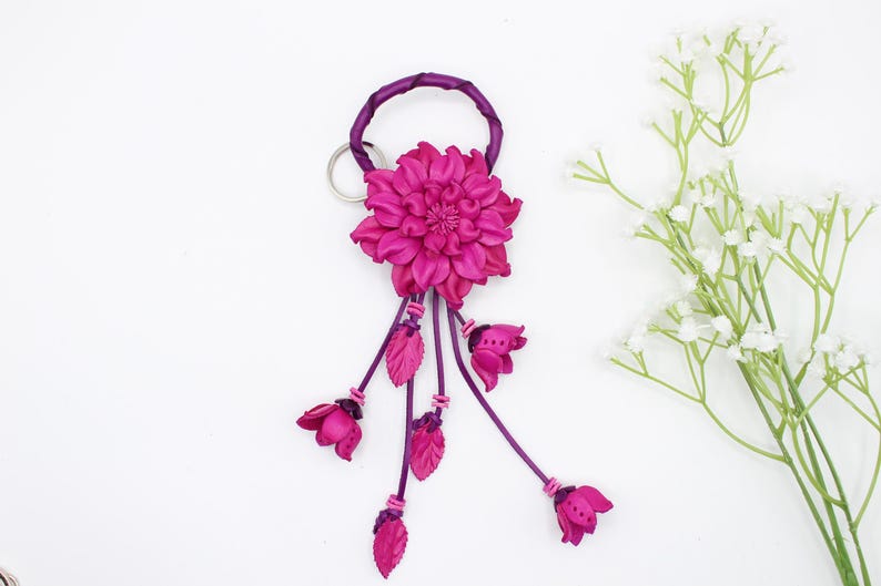 Genuine Handmade Leather Flower Keychain daisy hot pink purse charm bag charm