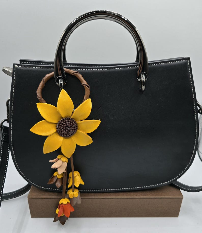 Genuine Handmade Leather Flower Keychain daisy yellow purse charm bag charm