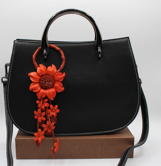 Genuine Handmade Leather Sunflower Keychain orange flower purse charm