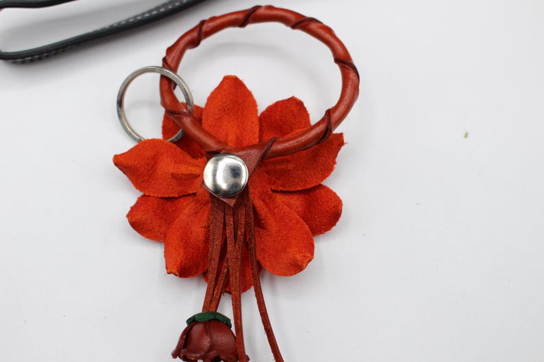 Genuine Handmade Leather Sunflower Keychain orange flower purse charm