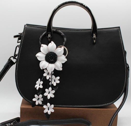 Genuine Handmade Leather Sunflower Keychain white flower purse charm bag charm