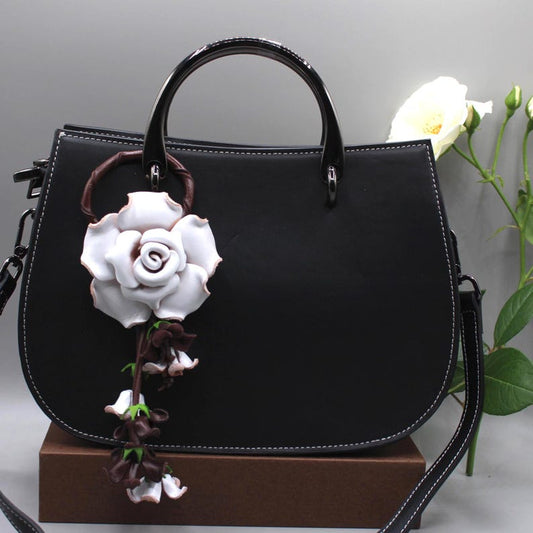 Genuine Handmade Leather Rose Flower Key Chain handbag charm white purse charm
