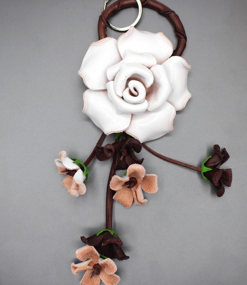 Genuine Handmade Leather Rose Flower Key Chain handbag charm white purse charm