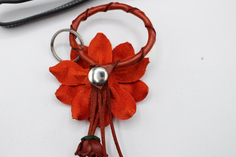 Genuine Handmade Leather Rose Flower Key Chain handbag charm yellow purse charm