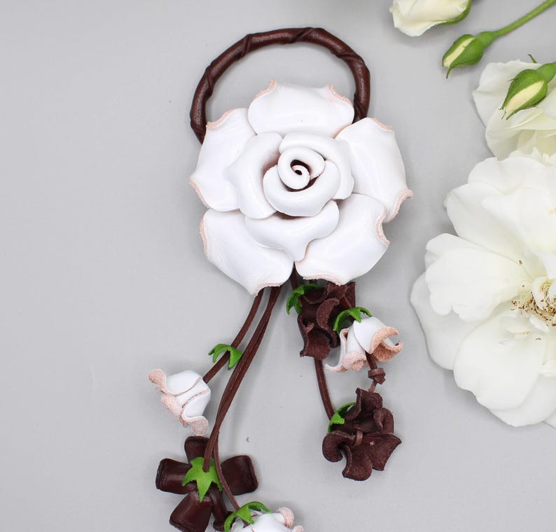 Genuine Handmade Leather Rose Flower Key Chain handbag charm white purse charm