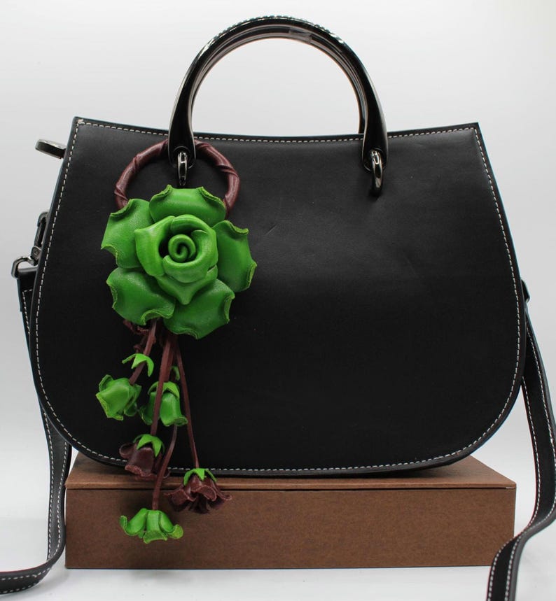 Genuine Handmade Leather Rose Flower Key Chain handbag charm green purse charm
