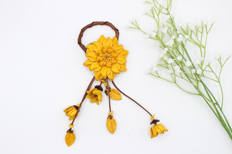 Genuine Handmade Leather Flower Keychain daisy yellow purse charm bag charm