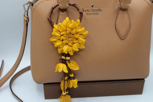 Genuine Handmade Leather Flower Keychain daisy yellow purse charm bag charm