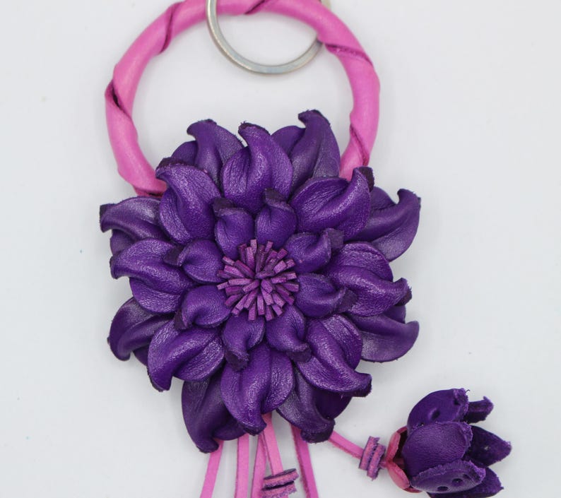 Genuine Handmade Leather Flower Keychain daisy purple purse charm bag charm