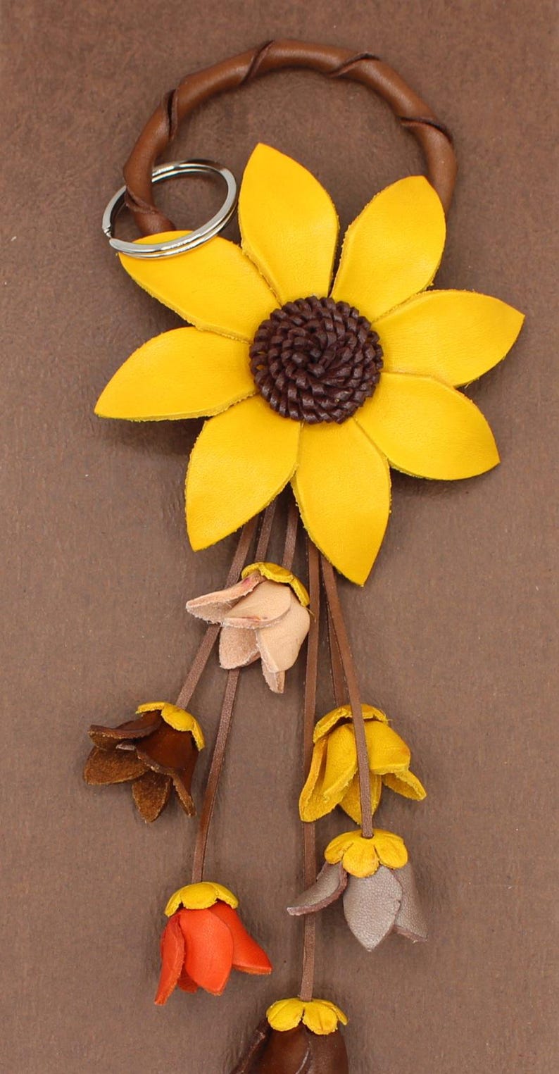 Genuine Handmade Leather Flower Keychain daisy yellow purse charm bag charm