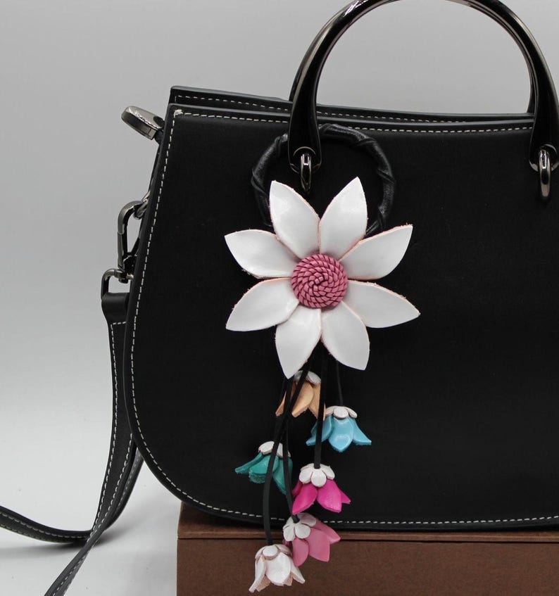 Genuine Handmade Leather Flower Keychain daisy white purse charm bag charm