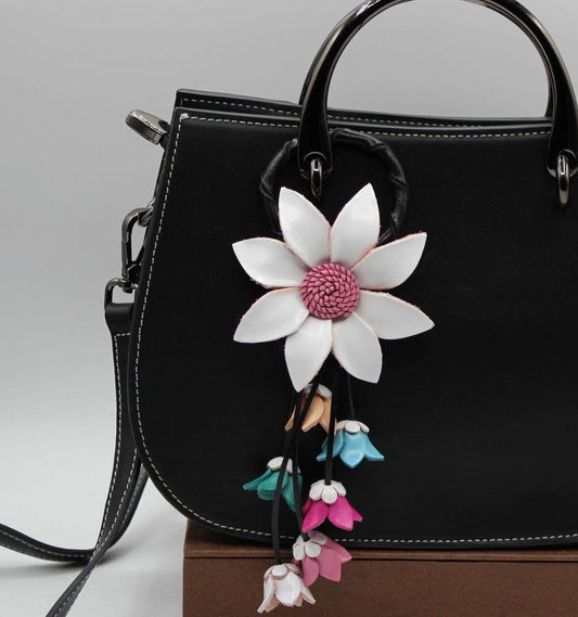 Genuine Handmade Leather Flower Keychain daisy white purse charm bag charm