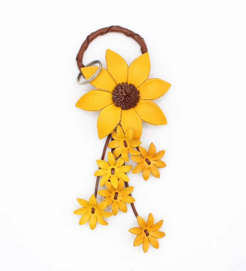 Genuine Handmade Leather Flower Keychain daisy yellow purse charm bag charm