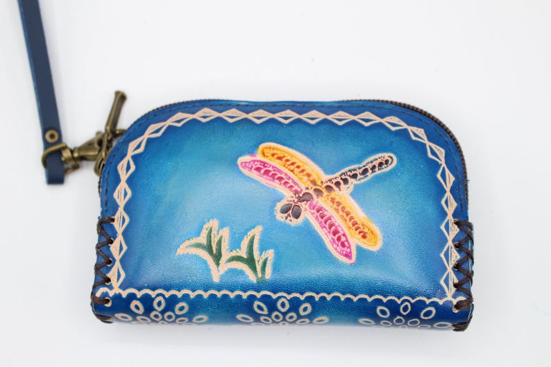Genuine Handmade Leather Dragonfly-patterned Wristlet Coin Purse Wallet Coin Pouch Card Holder Small Change Pouch Mini Bag (Multiple Colors)