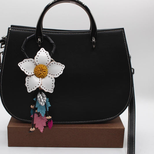 Genuine Handmade Leather Flower Keychain daisy purse charm bag charm white