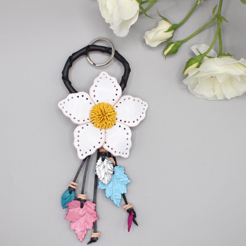 Genuine Handmade Leather Flower Keychain daisy purse charm bag charm white