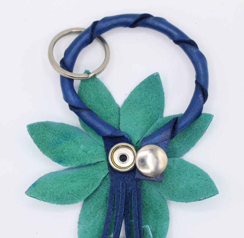 Genuine Handmade Leather Flower Keychain daisy purse charm bag charm blue