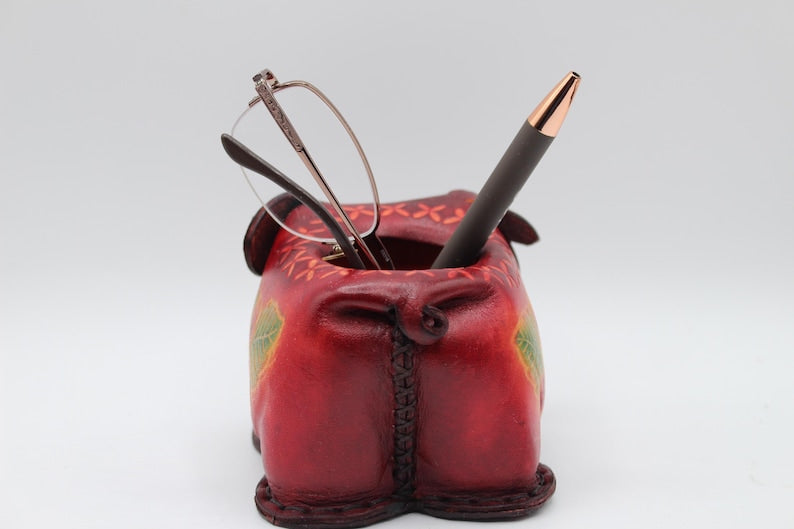 Genuine Handmade Leather pig pencil holder eyeglass holder