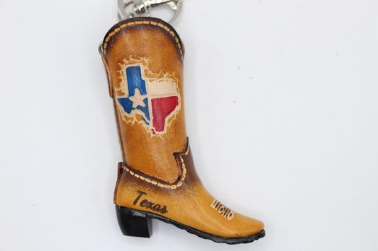 Handmade leather cowboy boot key chain personalized name drop Texas map