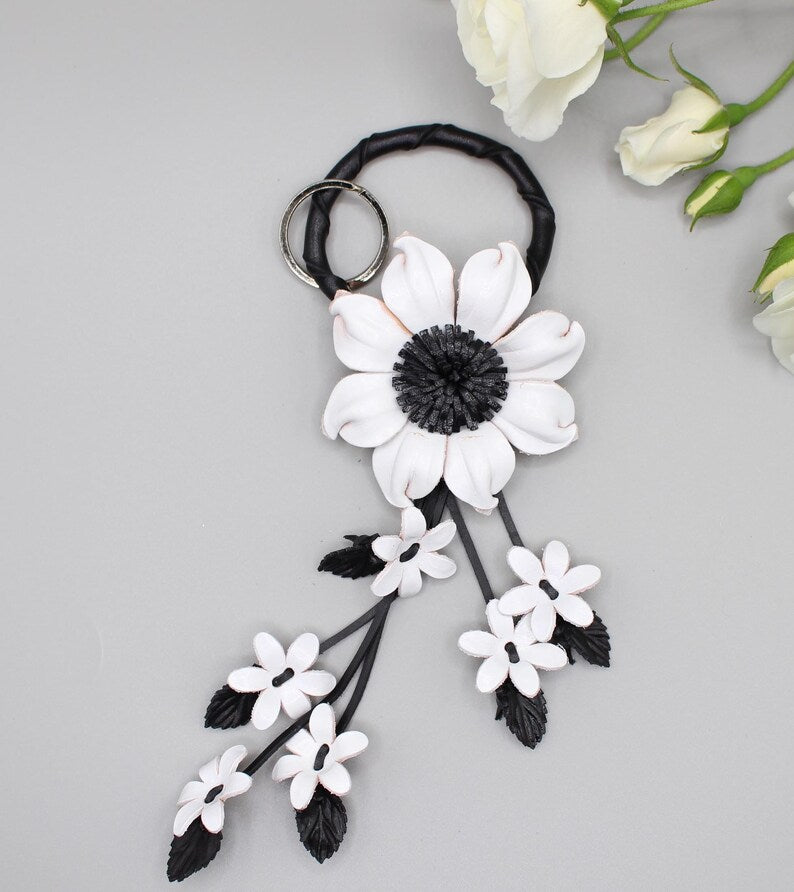 Genuine Handmade Leather Sunflower Keychain white flower purse charm bag charm