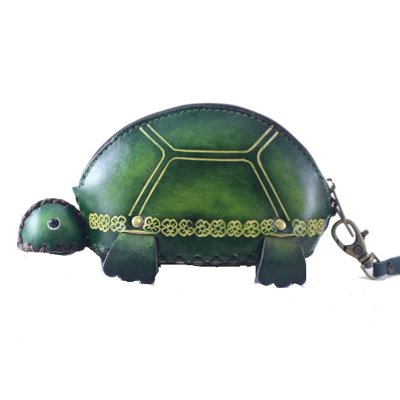Genuine Handmade Leather Green Turtle coin purse wallet animal coin purse