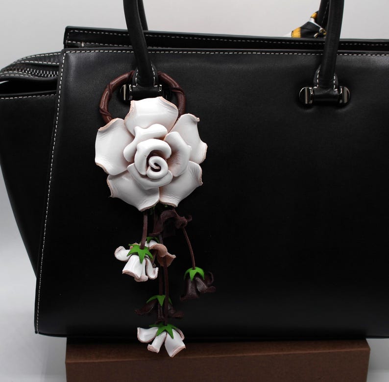 Genuine Handmade Leather Rose Flower Key Chain handbag charm white purse charm