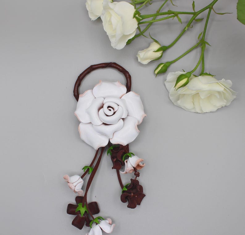 Genuine Handmade Leather Rose Flower Key Chain handbag charm white purse charm