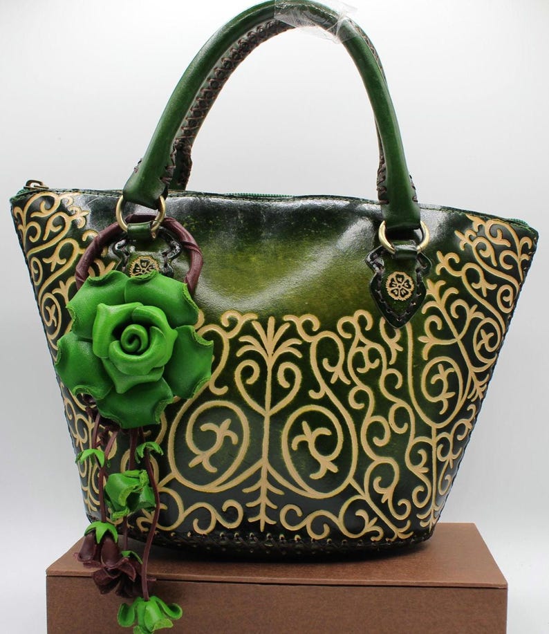 Genuine Handmade Leather Rose Flower Key Chain handbag charm green purse charm