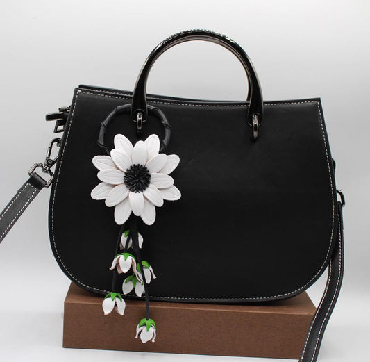 Handmade Genuine Leather Sunflower Keychain / Purse Charm / Bag Charm / Car Ornament / Flower Key Ring (White)