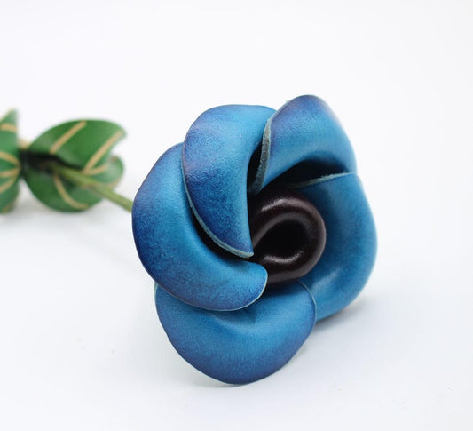 Genuine Handmade Leather Rose Flower 3rd anniversary gift blue rose