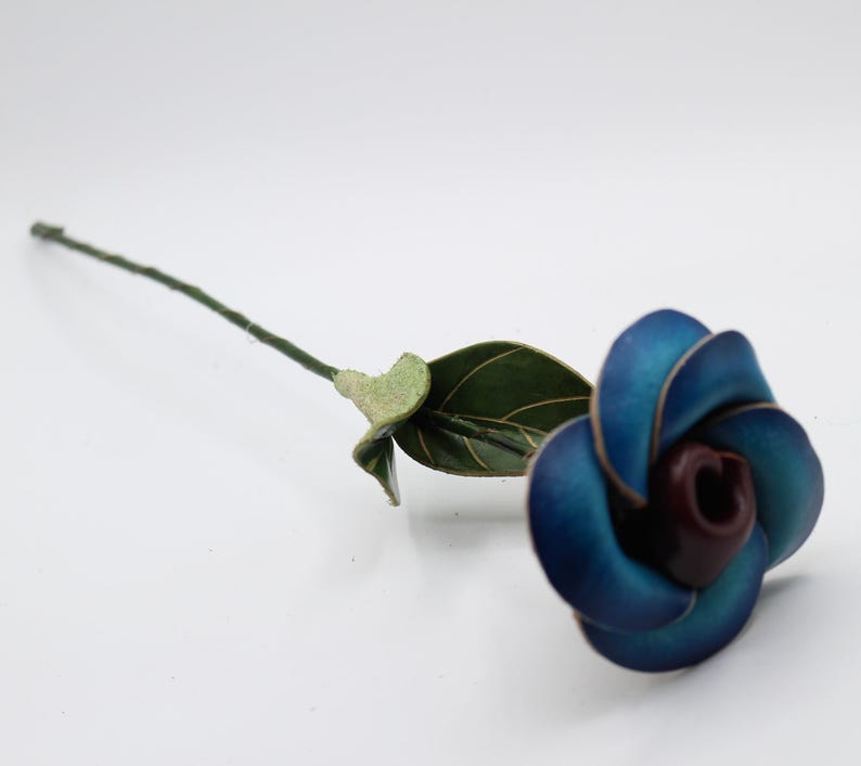 Genuine Handmade Leather Rose Flower 3rd anniversary gift blue rose