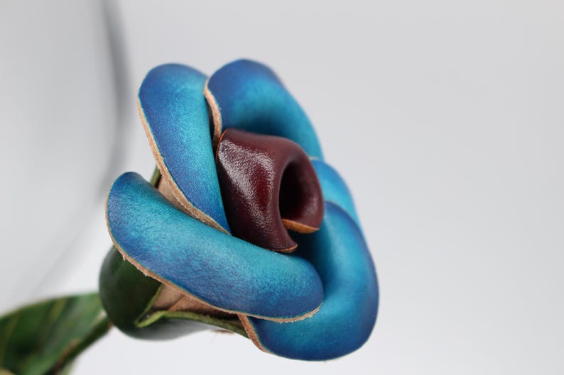 Genuine Handmade Leather Rose Flower 3rd anniversary gift blue rose