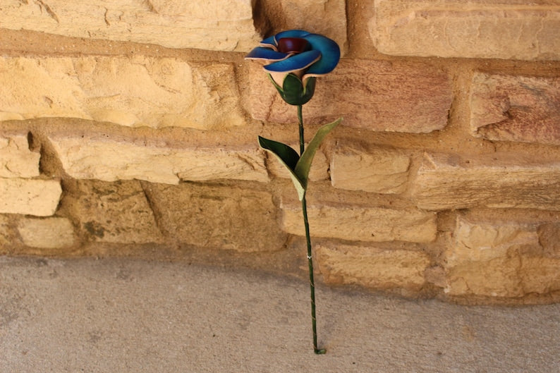 Genuine Handmade Leather Rose Flower 3rd anniversary gift blue rose