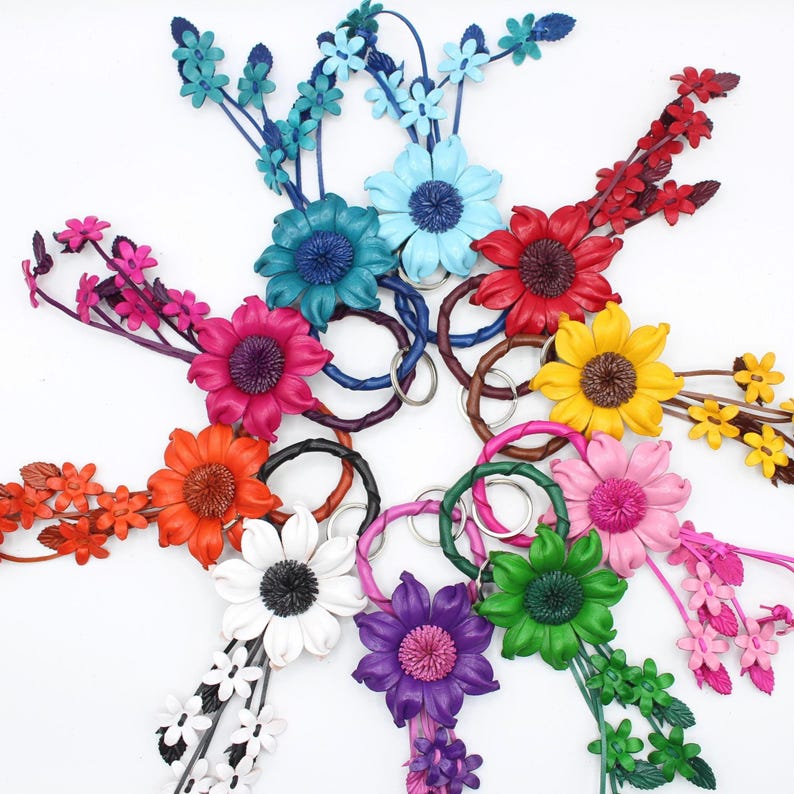 Genuine Handmade Leather Sunflower Keychain flower purse charm