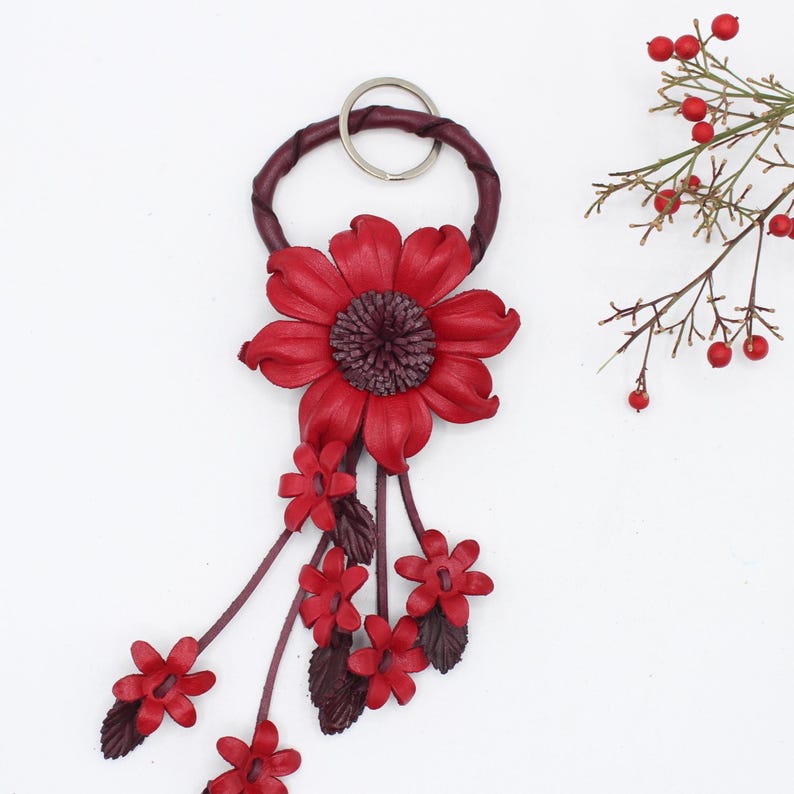 Genuine Handmade Leather Sunflower Keychain flower purse charm
