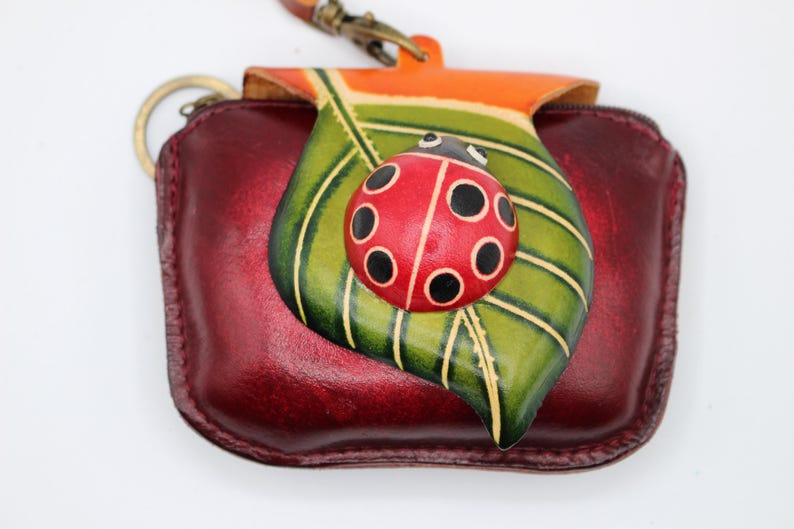 Genuine Handmade Leather Ladybug with Leaf Coin Purse / Wallet / Wristlet