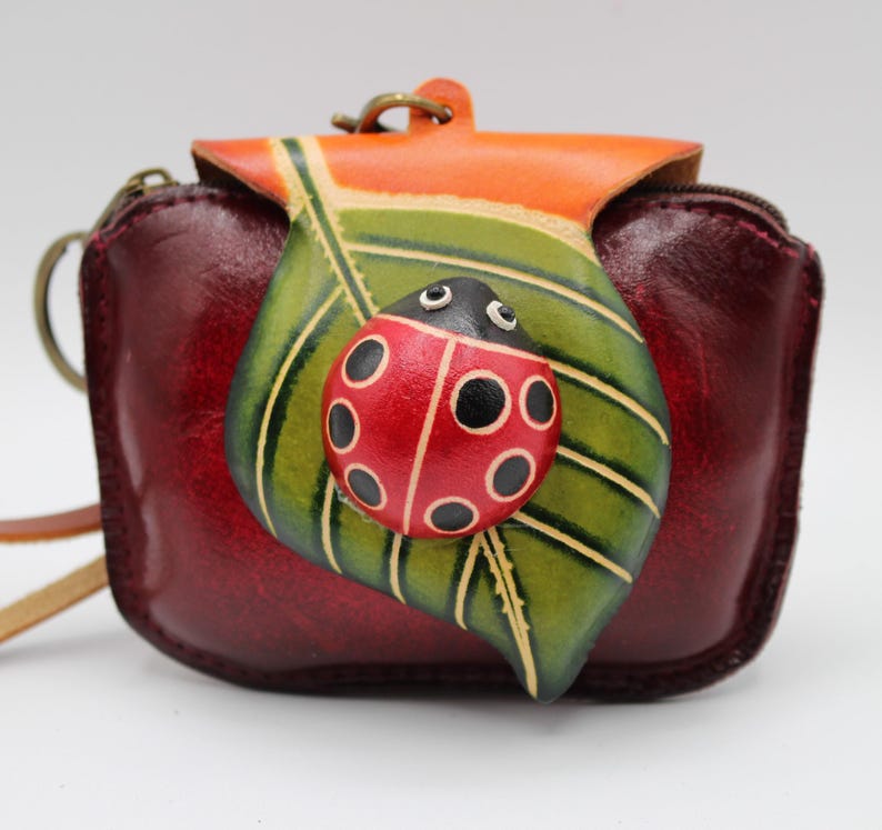 Genuine Handmade Leather Ladybug with Leaf Coin Purse / Wallet / Wristlet