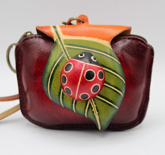 Genuine Handmade Leather Ladybug with Leaf Coin Purse / Wallet / Wristlet