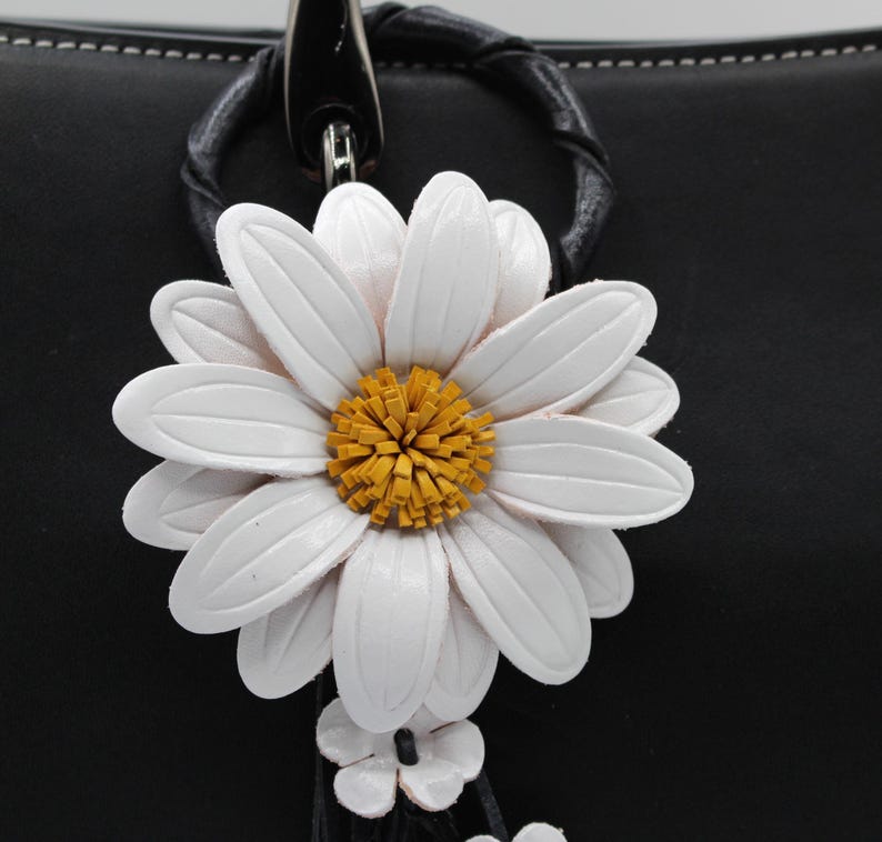 Handmade Genuine Leather Sunflower Keychain, Purse Charm, Leather Flower, Handbag Charm, Car Accessory White