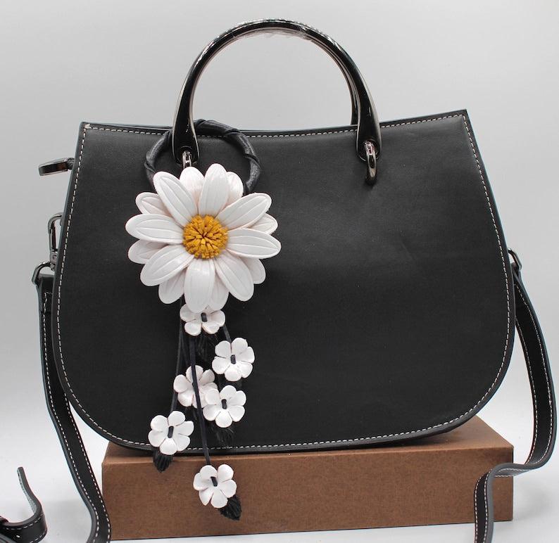 Handmade Genuine Leather Sunflower Keychain, Purse Charm, Leather Flower, Handbag Charm, Car Accessory White