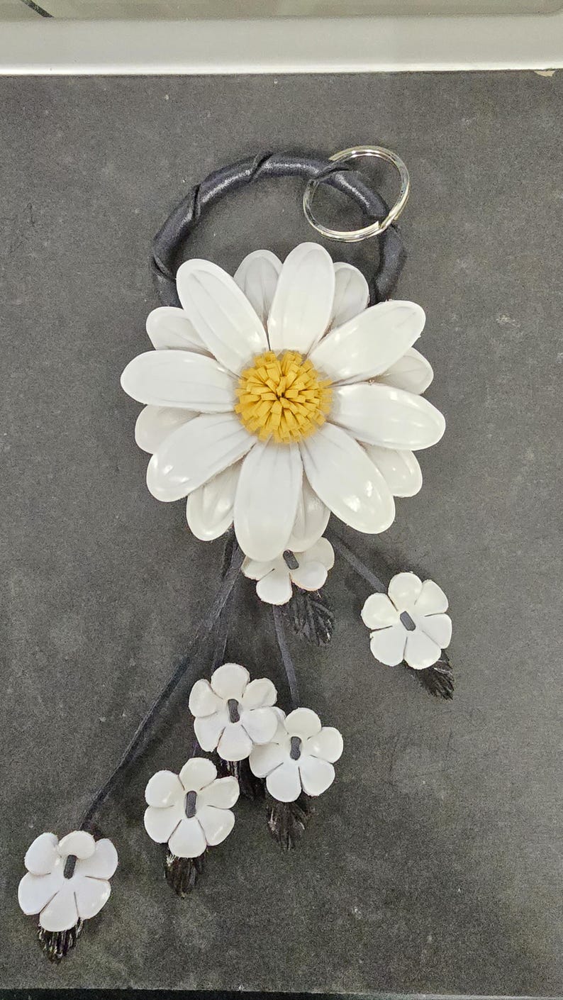 Handmade Genuine Leather Sunflower Keychain, Purse Charm, Leather Flower, Handbag Charm, Car Accessory White