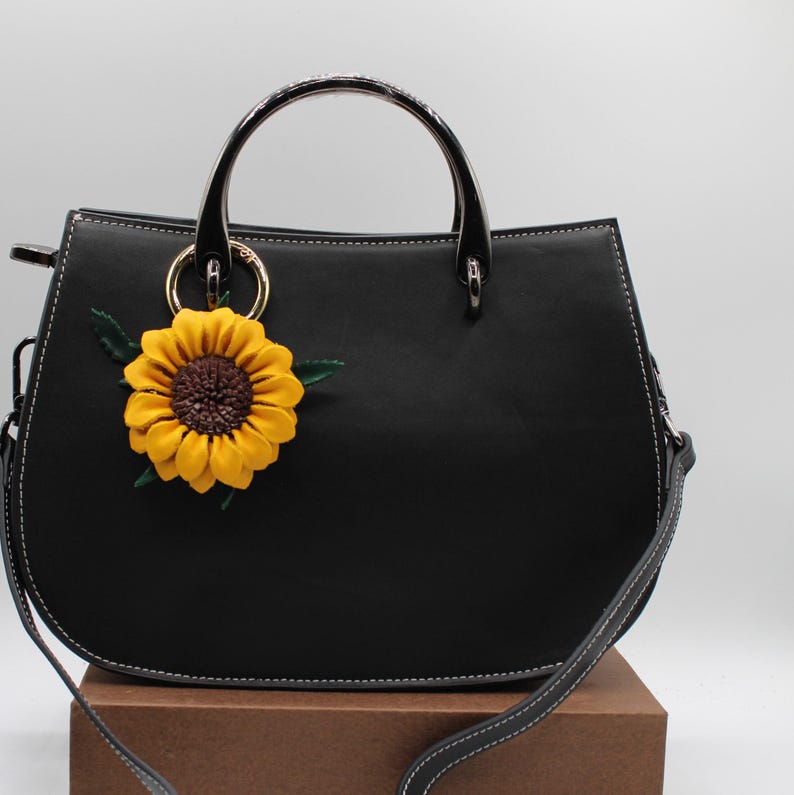 Genuine Handmade Leather Flower Keychain sunflower purse charm bag charm (White, Yellow)