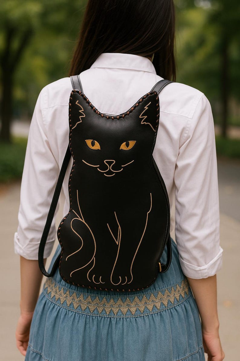 Genuine Handmade Leather Black Cat Backpack / Cross-body Purse