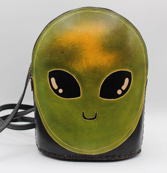 Handmade Genuine Leather Alien-shaped Backpack / Cross-body Bag, Backpack, Hand-painted Craft Bag, Creative Backpack