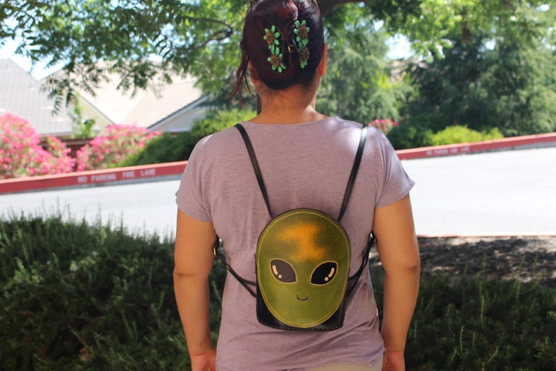 Handmade Genuine Leather Alien-shaped Backpack / Cross-body Bag, Backpack, Hand-painted Craft Bag, Creative Backpack