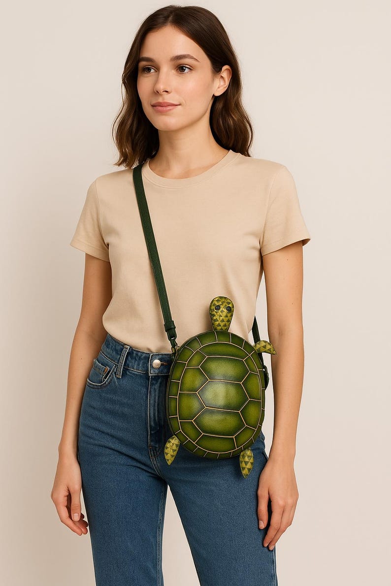 Original Handmade Hand-Painted Genuine Leather Crossbody Bag, Turtle Bag, Animal Cartoon Bag,Phone Bag,Small Shoulder Bag, Cartoon Mini Bag