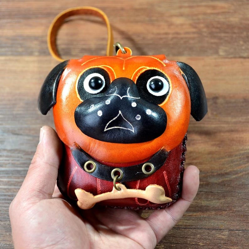 Handmade Leather Pug-with-Bone Wristlet Coin Purse - Coin Pouch, Cartoon Coin Purse, Animal Small Bag Dog Coin Purse